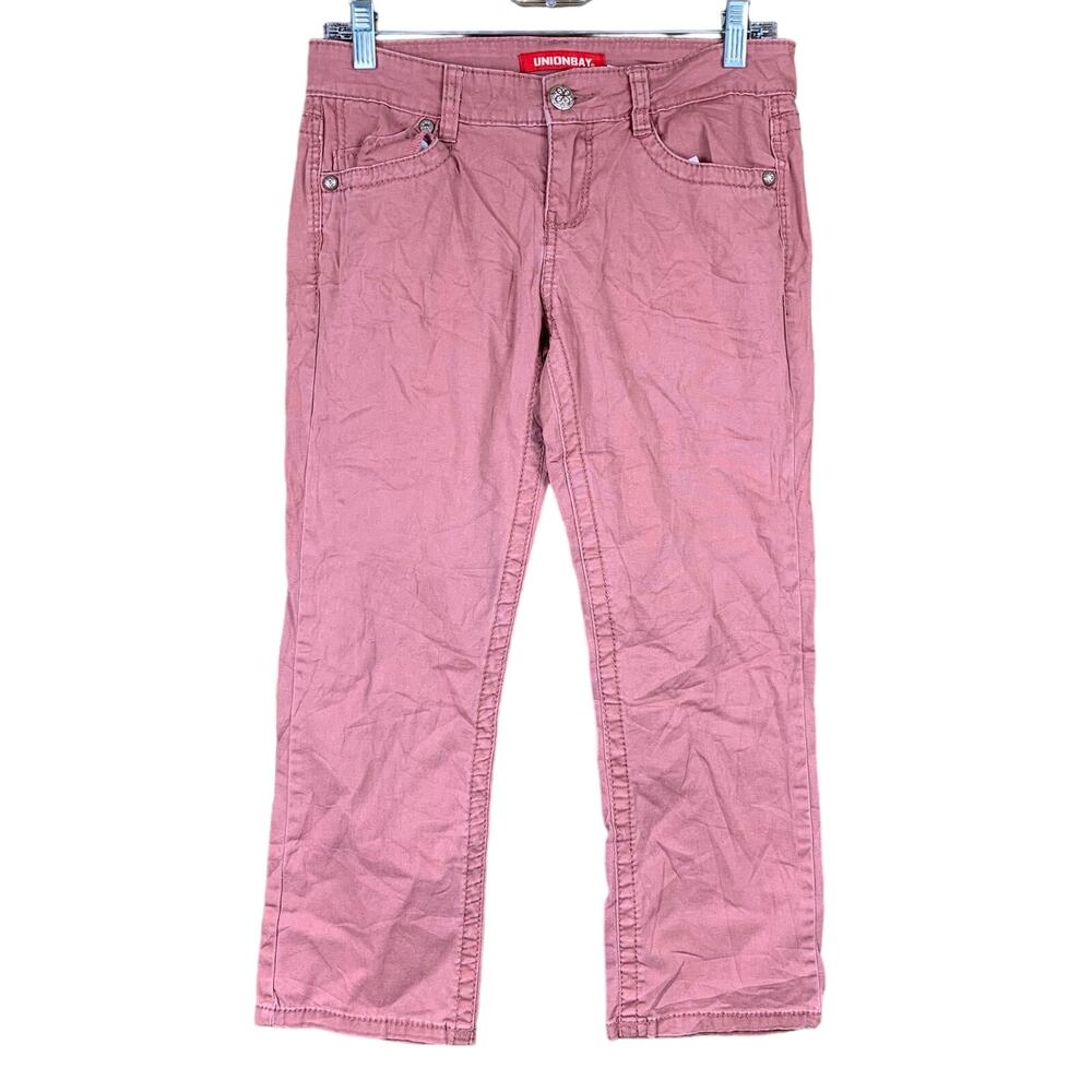 Unionbay Girls Pants Capris Blush Red Cropped Straight Leg Embroidered Pockets 5
